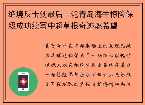 绝境反击到最后一轮青岛海牛惊险保级成功续写中超草根奇迹燃希望